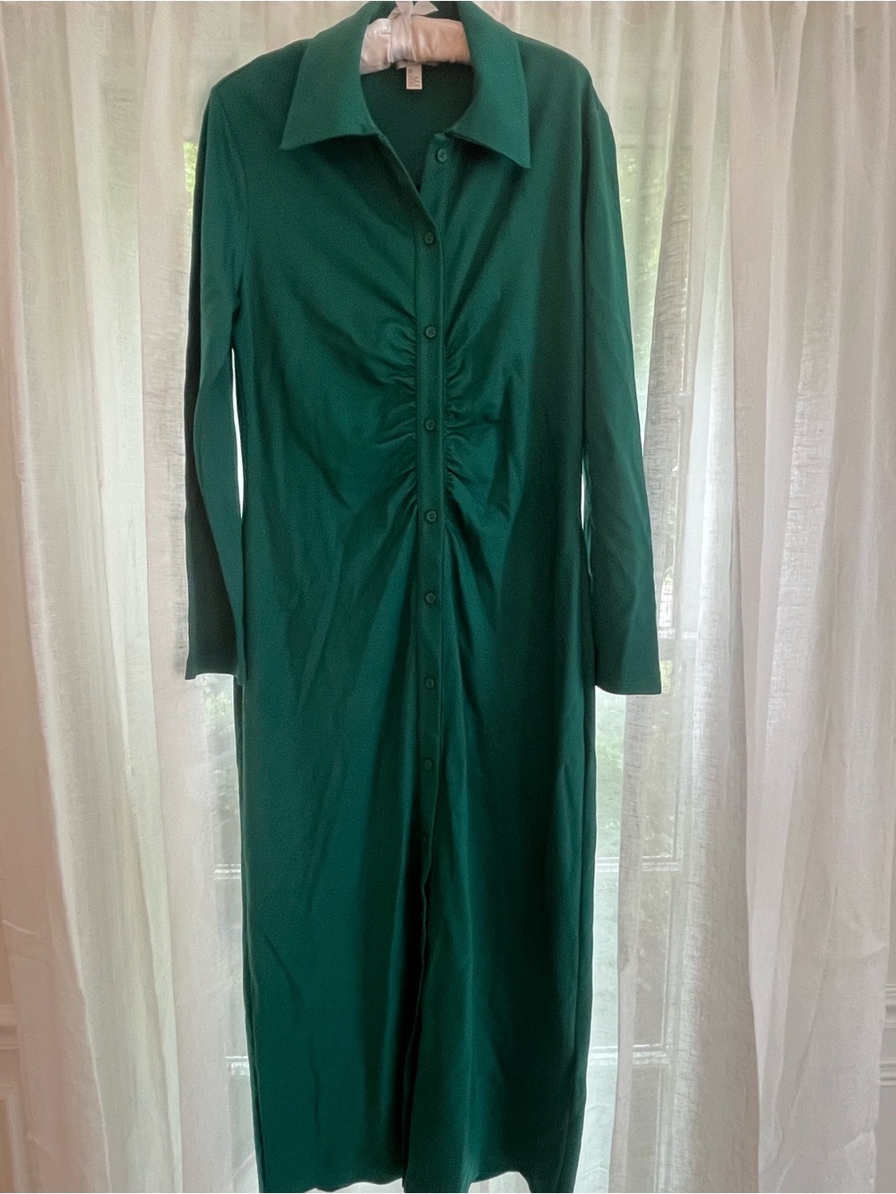 COS Emerald Green Ruched Front Long Sleeve Shirt Dress
